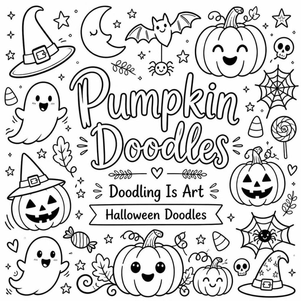 Easy Black-and-White Halloween Pumpkin Doodle Coloring Pages for Kids and Beginners